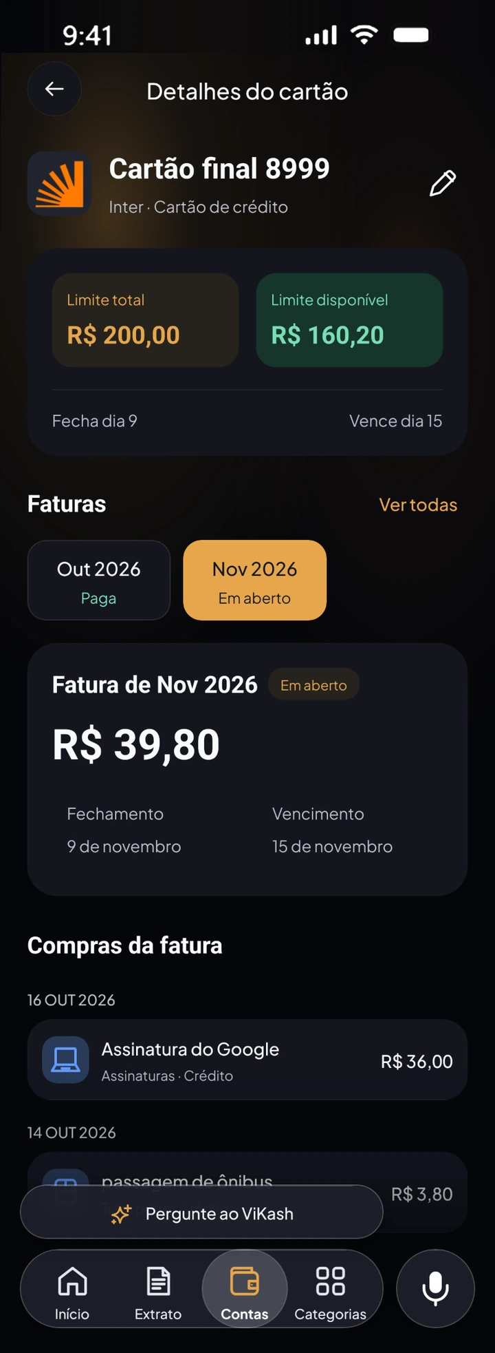 Detalhamento de faturas, limites e parcelas do cartão